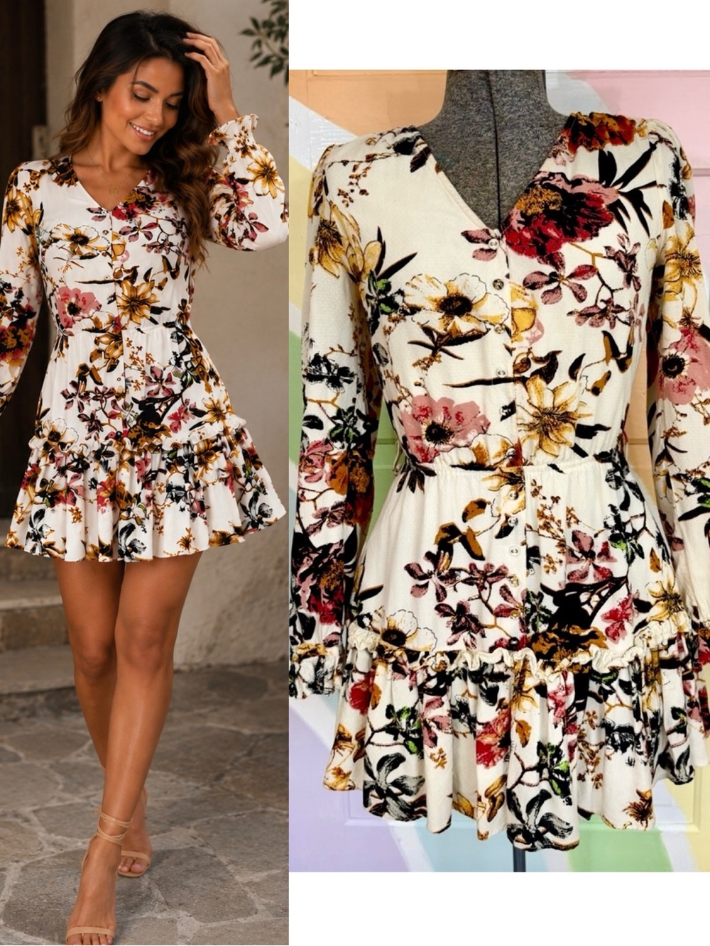 Walter Baker Nevilla Floral Ruffle Mini Dress Cream Multi Sz S 🧡🍄